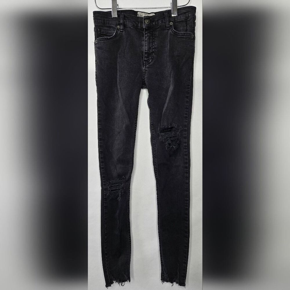 Free People Women's Distressed Black Stretch Jeans Zipper Fly Size 24R